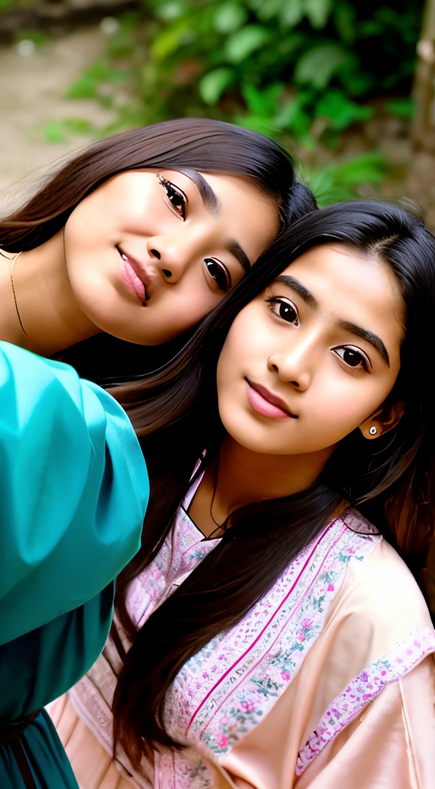 there are two women that are taking a selfie together, very very low quality picture, two girls, very very low quality, with accurate face, profile pic, sisters, candid picture, very low quality, assamese, with lovely look, very clear picture, assamese aesthetic, old picture, very beautiful girl, with kind face, young girls, cute girls