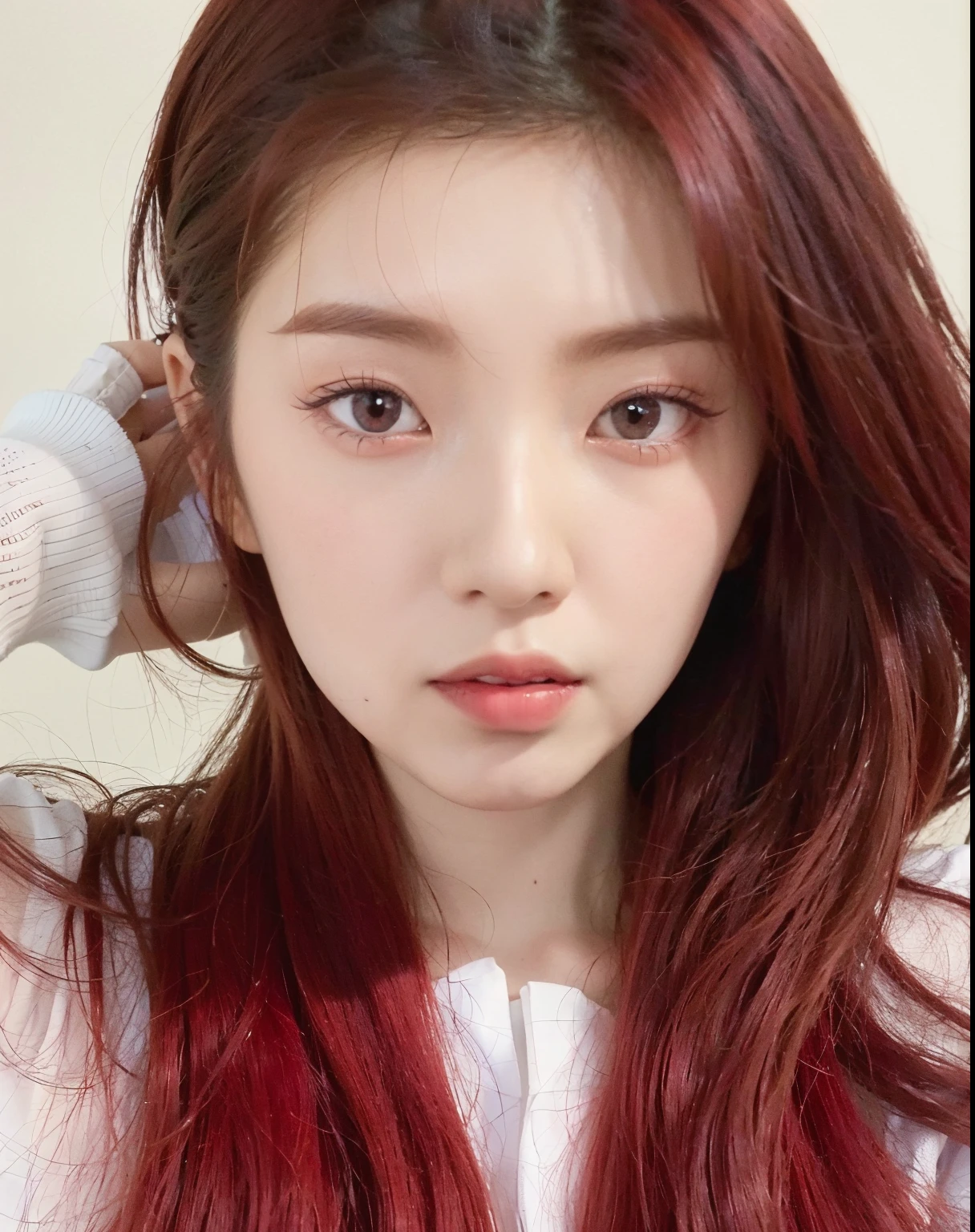 a close up of a woman with red hair and a white shirt, ulzzang, jinyoung shin, pale red, jossi of blackpink, with red hair, jaeyeon nam, red dyed hair, crimson red hair and red eyes, portrait of jossi of blackpink, with long red hair, popular south korean makeup, kim doyoung, red contact lenses