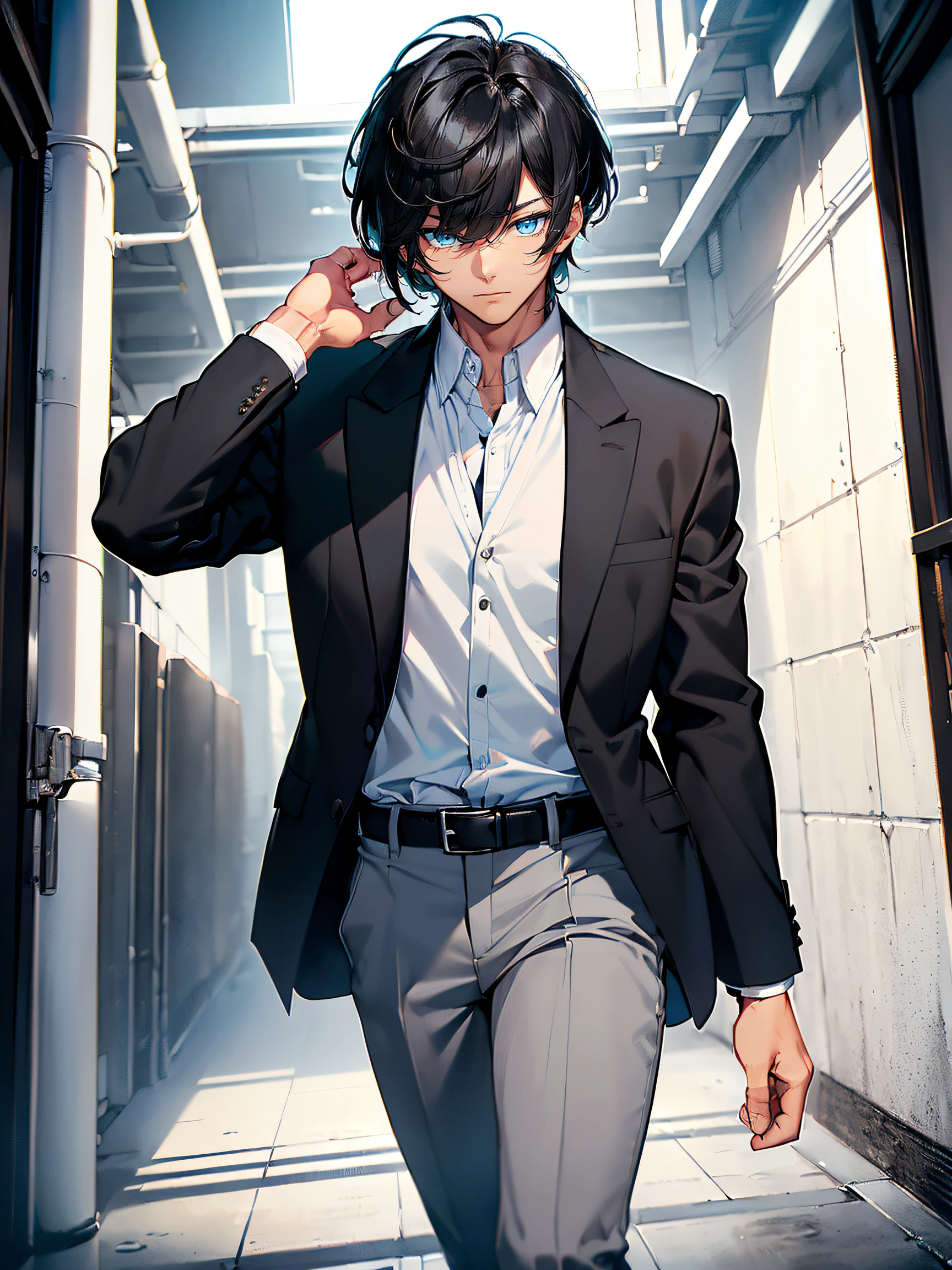 (Handsome boy:1.2), (Black hair with bangs:1.4), ((Blue eyes, bright and attractive):1.5), ((White shirt, Neat and clean):1.2), (Black tie:1.3), (Gray blazer:1.3), (black pants and shoes:1.2)