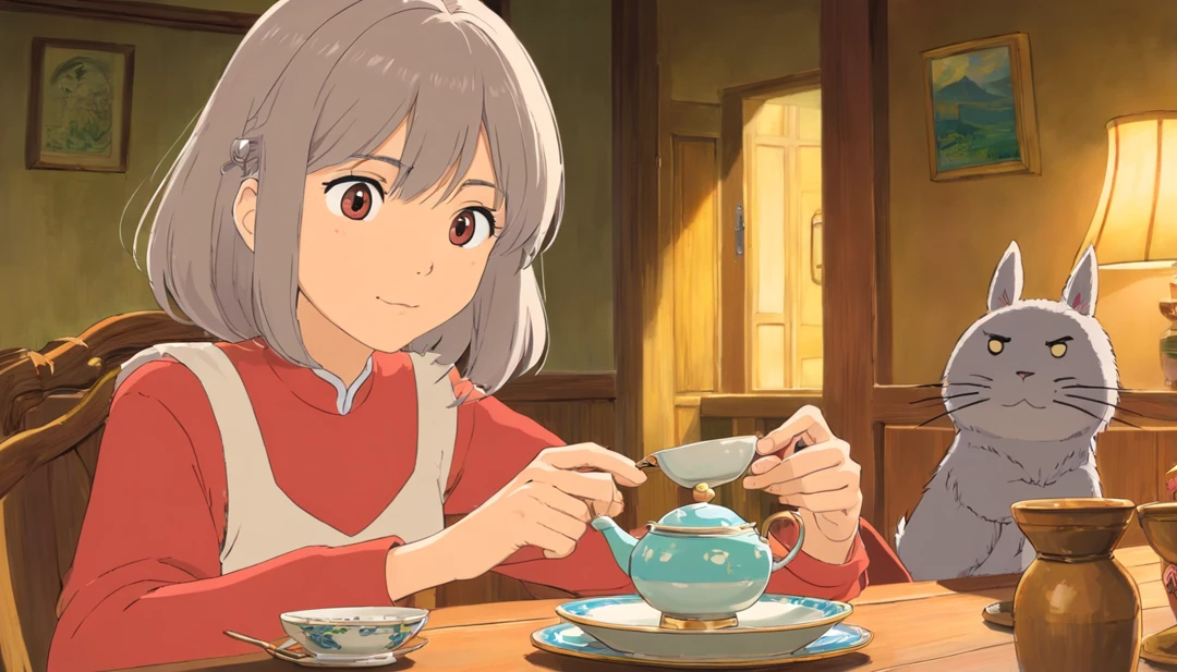 dining room,drinking tea,The neighbor sister is sitting,Close-up