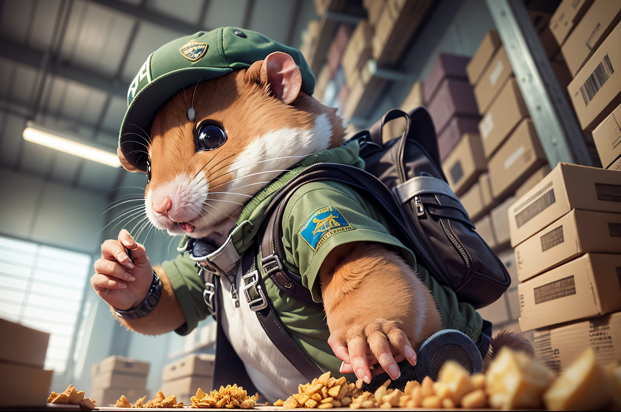Q version,Chunky Hamster Adventurer,Cute and cute,adventurer clothing,adventurer hat,backpacks,(Low angle viewing angle:1.4),Huge warehouse,Rich in ingredients,potatoes,corn flake,soybean,appearance,pine nut,peanuts,walnuts,high saturated,hight contrast,vibrant with colors,hyper realisitc,ultra real photo,ultra - detailed,ultraclear,hyper-detailing,tmasterpiece