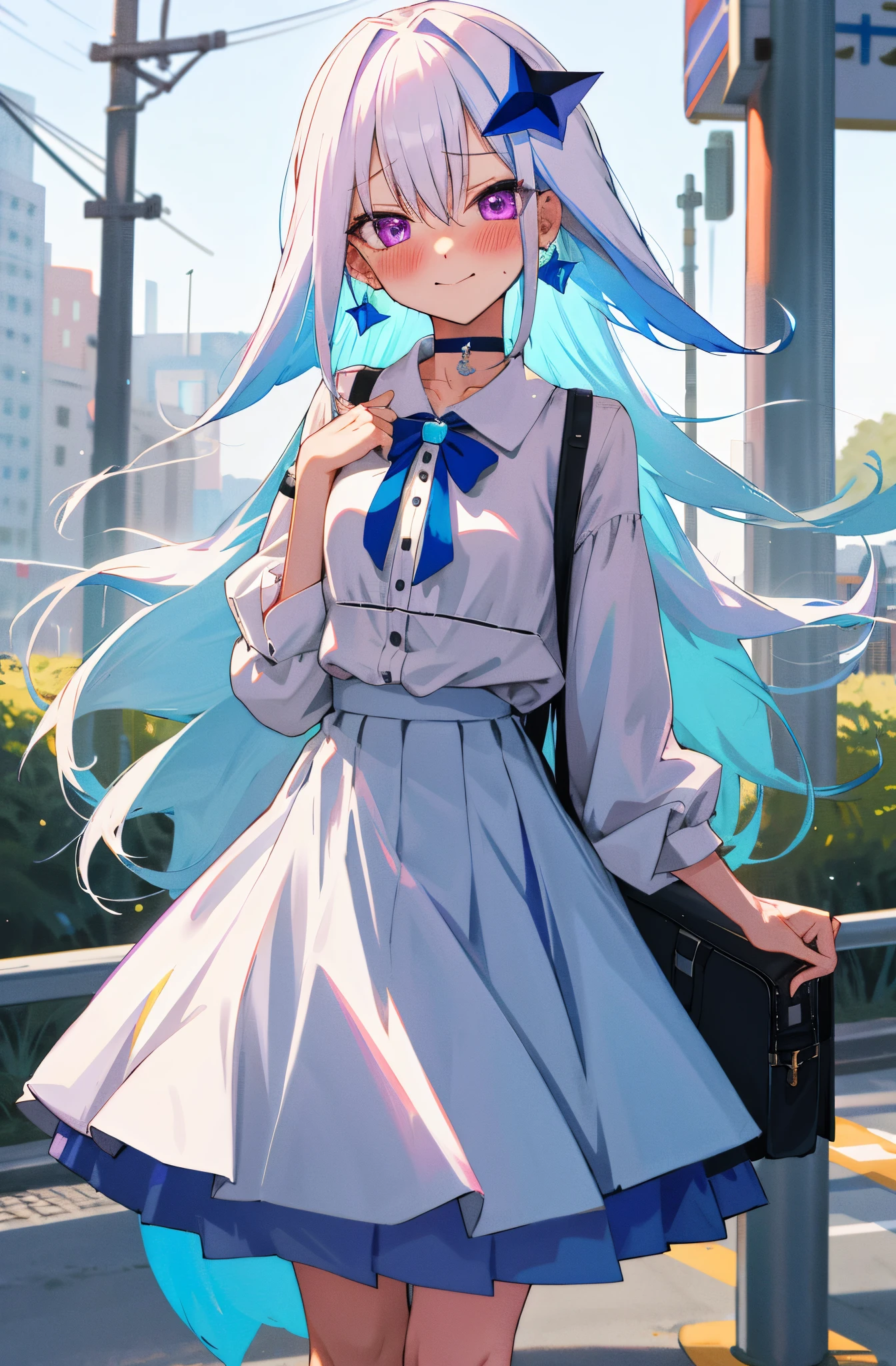 One girl with long hair, white hair, blue inner hair, purple eyes, looking at viewer, blushing, embarrassed, little smile, white shirt, high waisted skirt long, bag, outdoor, road, earring, slim, dizzy, choker, mid-chest, wide hips, perfect waist, morning atmosphere, hair ornament, standing