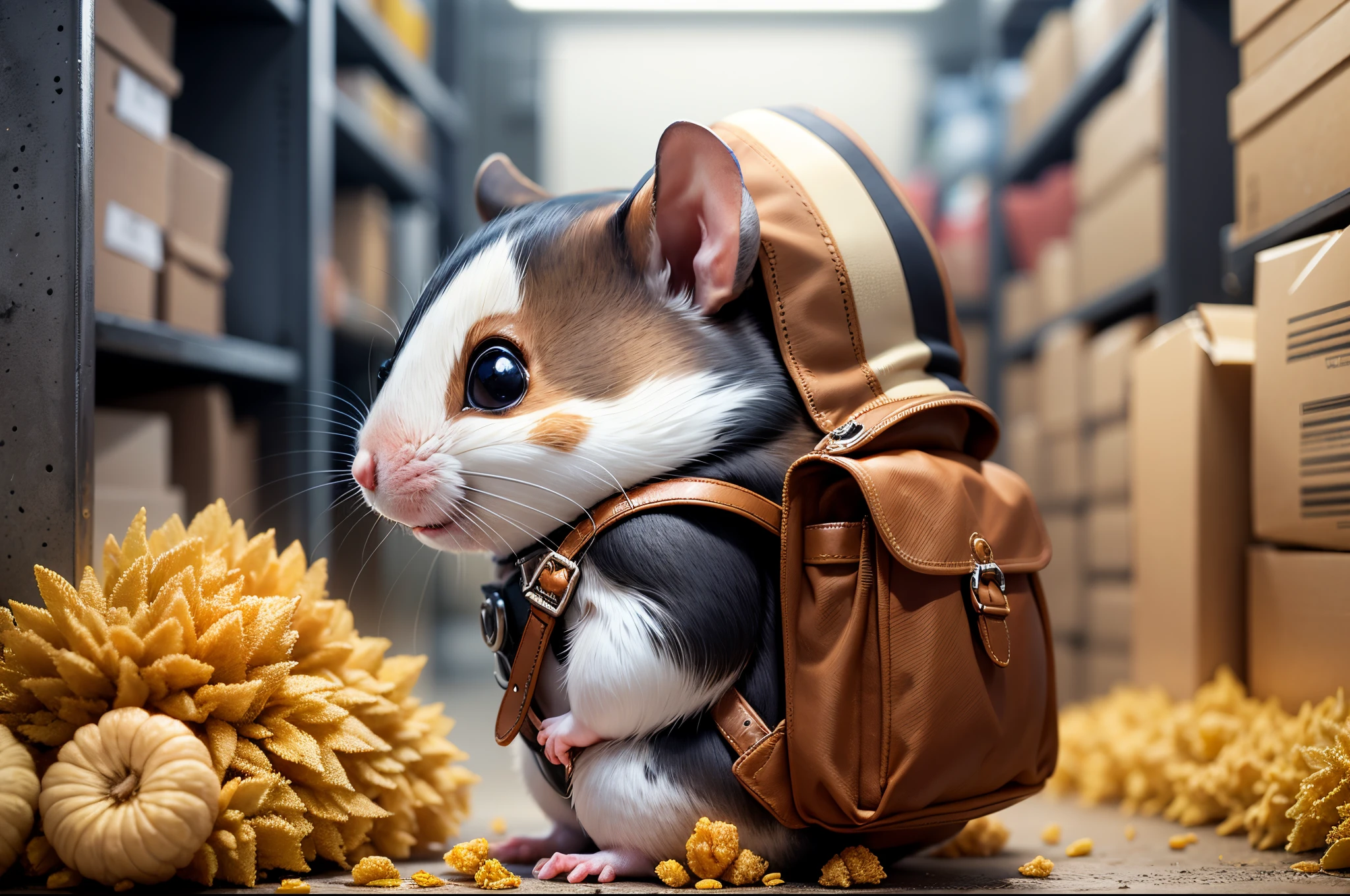 Q version,Chunky Hamster Adventurer,Cute and cute,adventurer clothing,adventurer hat,backpacks,(Low angle viewing angle:1.4),Huge warehouse,Rich in ingredients,potatoes,corn flake,soybean,appearance,pine nut,peanuts,walnuts,high saturated,hight contrast,vibrant with colors,hyper realisitc,ultra real photo,ultra - detailed,ultraclear,hyper-detailing,tmasterpiece