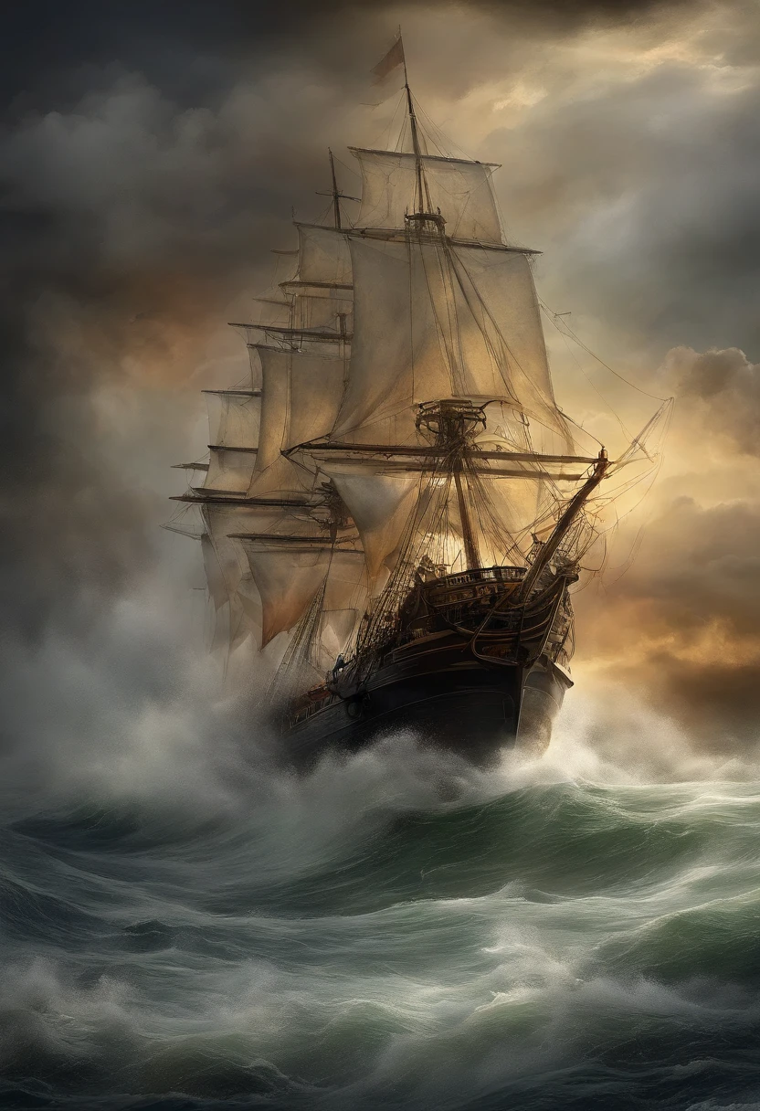 Romantik, Perspektive, UHD, Meisterwerk, best quality,Es ist ein riesiger Ozean,(((dunkle Gewitterwolken))),Hier tobt ein Sturm,((Regen Katzen und Hunde)),The monstrous waves rose one after another,Von Zeit zu Zeit, Lightning strikes between heaven and earth,In diesem unerbittlichen Meer,(((There is a stubborn sailing ship))),The Great Waves will swallow it up any moment,Aber es ist unerschrocken,Ich fahre immer noch im Sturm,Sunlight shines through the clouds and shoots out multiple rays,Es scheint auf die Ankunft eines Wunders hinzudeuten