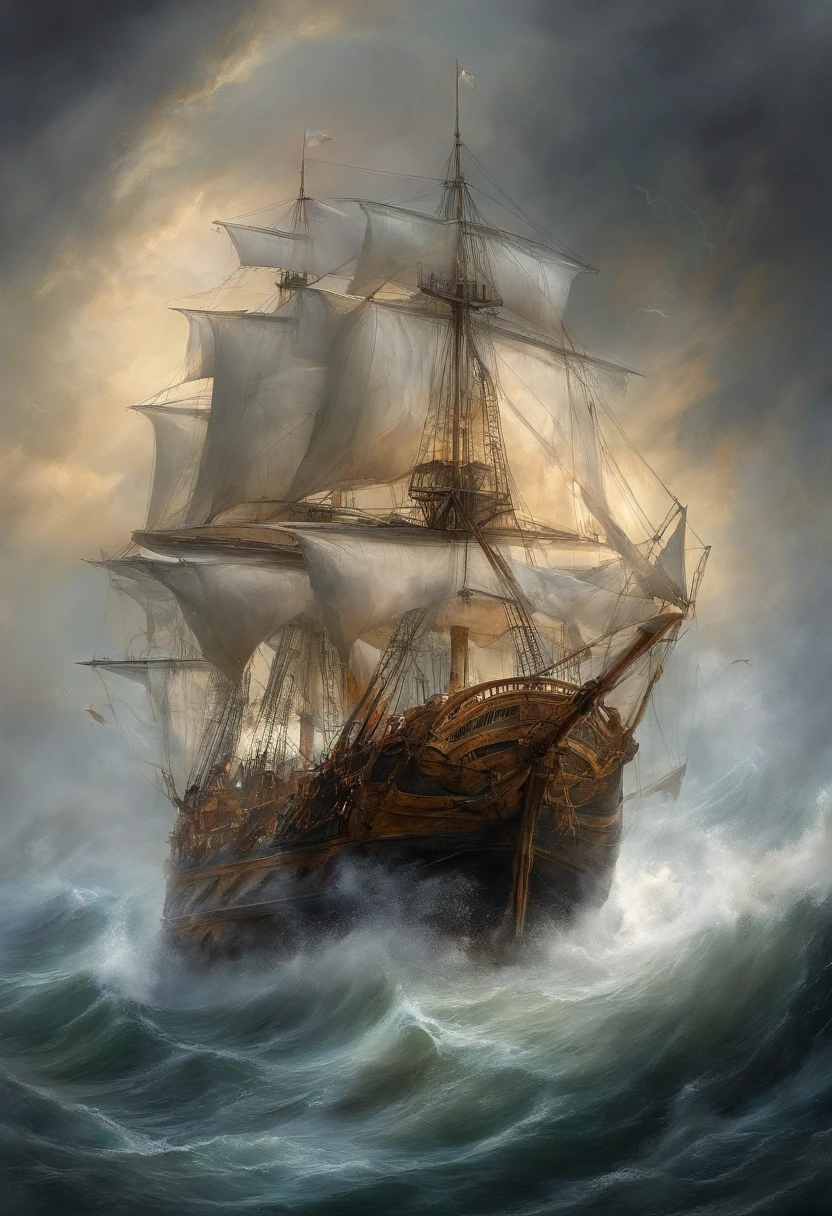 Romantik, Perspektive, UHD, Meisterwerk, best quality,Es ist ein riesiger Ozean,(((dunkle Gewitterwolken))),Hier tobt ein Sturm,((Regen Katzen und Hunde)),The monstrous waves rose one after another,Von Zeit zu Zeit, Lightning strikes between heaven and earth,In diesem unerbittlichen Meer,(((There is a stubborn sailing ship))),The Great Waves will swallow it up any moment,Aber es ist unerschrocken,Ich fahre immer noch im Sturm,Sunlight shines through the clouds and shoots out multiple rays,Es scheint auf die Ankunft eines Wunders hinzudeuten