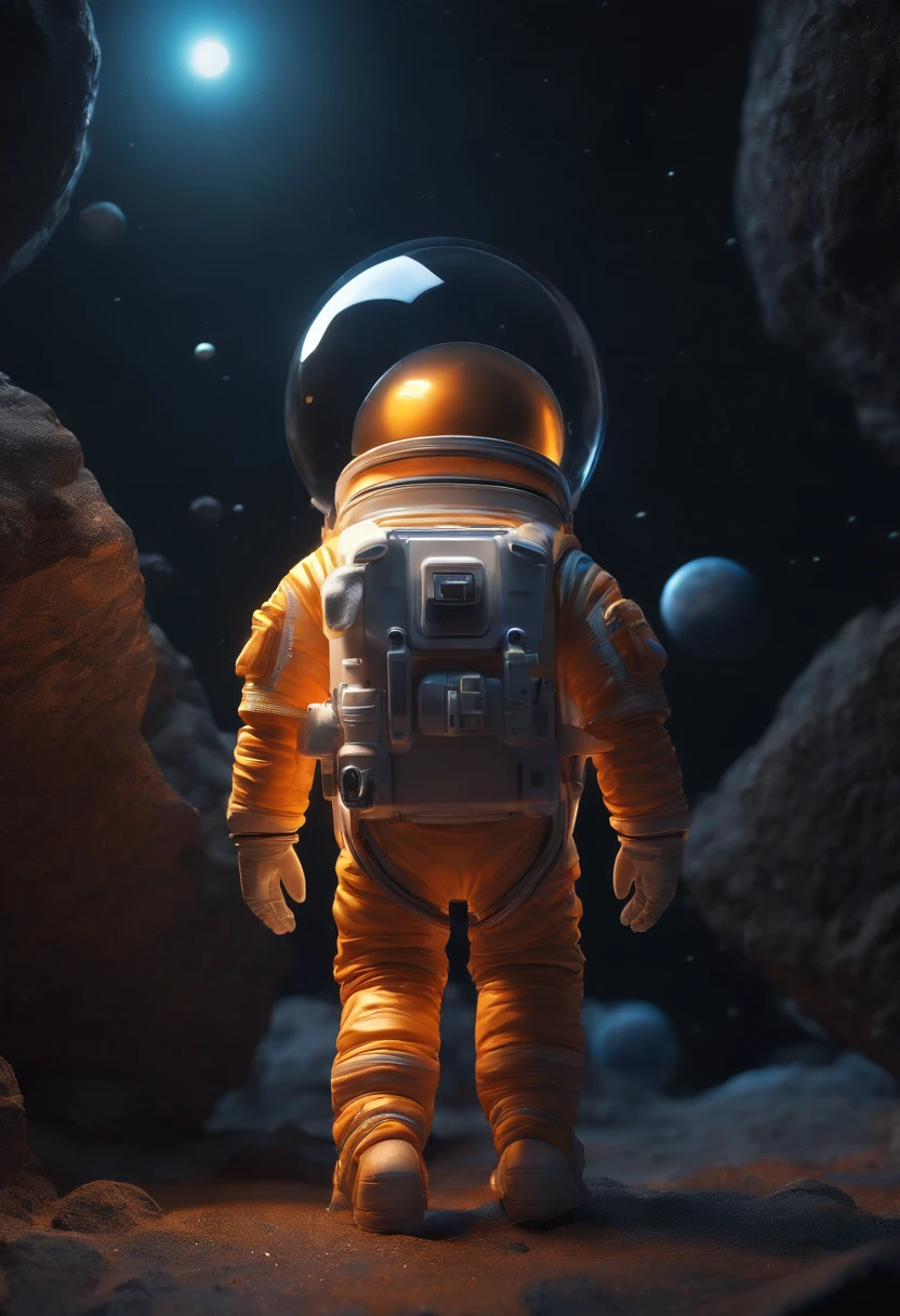 a mini astronaut in chibi model, wearing a space suit, in the style of photorealistic surrealism, abstract colorist sculptor, poured, fluid and loose, sci-fi influenced, sculpted Cartoon icon art, 3D pixar style drawing, a planet in space, isolated, exploring the moon in the background many planets and stars, cinematic light, photorealistic scenes, anime art, epic, RTX ON, DAZ3D, Digital Arts Techniques, Animated Illustrations