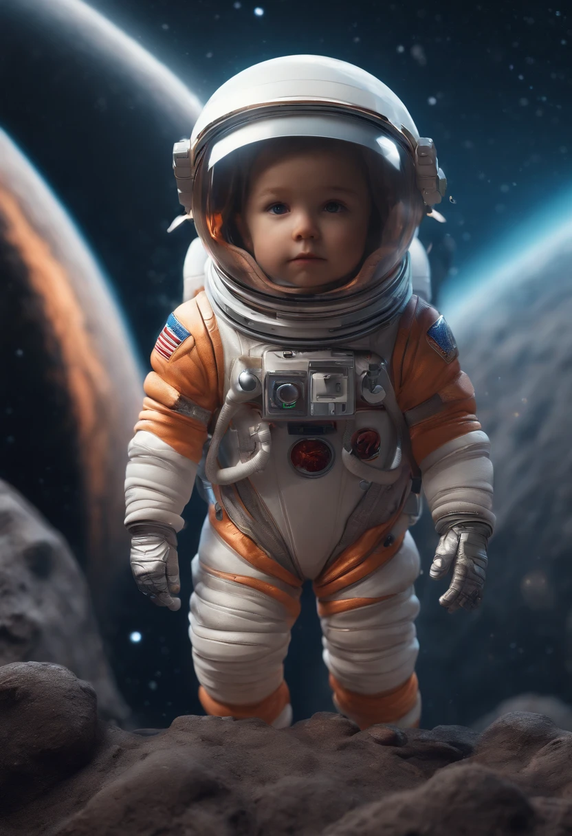 Super cute girl full body 3D picture, 1pc, good looking eyes, big eyes, cute, happy, c4d, pop matt blind box, white long hair, glowing bubbles, toys, solid color background, chibi, fluorescent translucency, luminous body, kawaii, doll, (((astronaut, spacesuit))), reference table, pop mart blind box, Pixar, complex details, 3d rendering, blender, OC renderer, fol body reference sheet, Dribble, High Details, 8K, Studio Lighting, , Petite, Child, Chibi, SD characters: 1.1, Magic Space Warehouse background