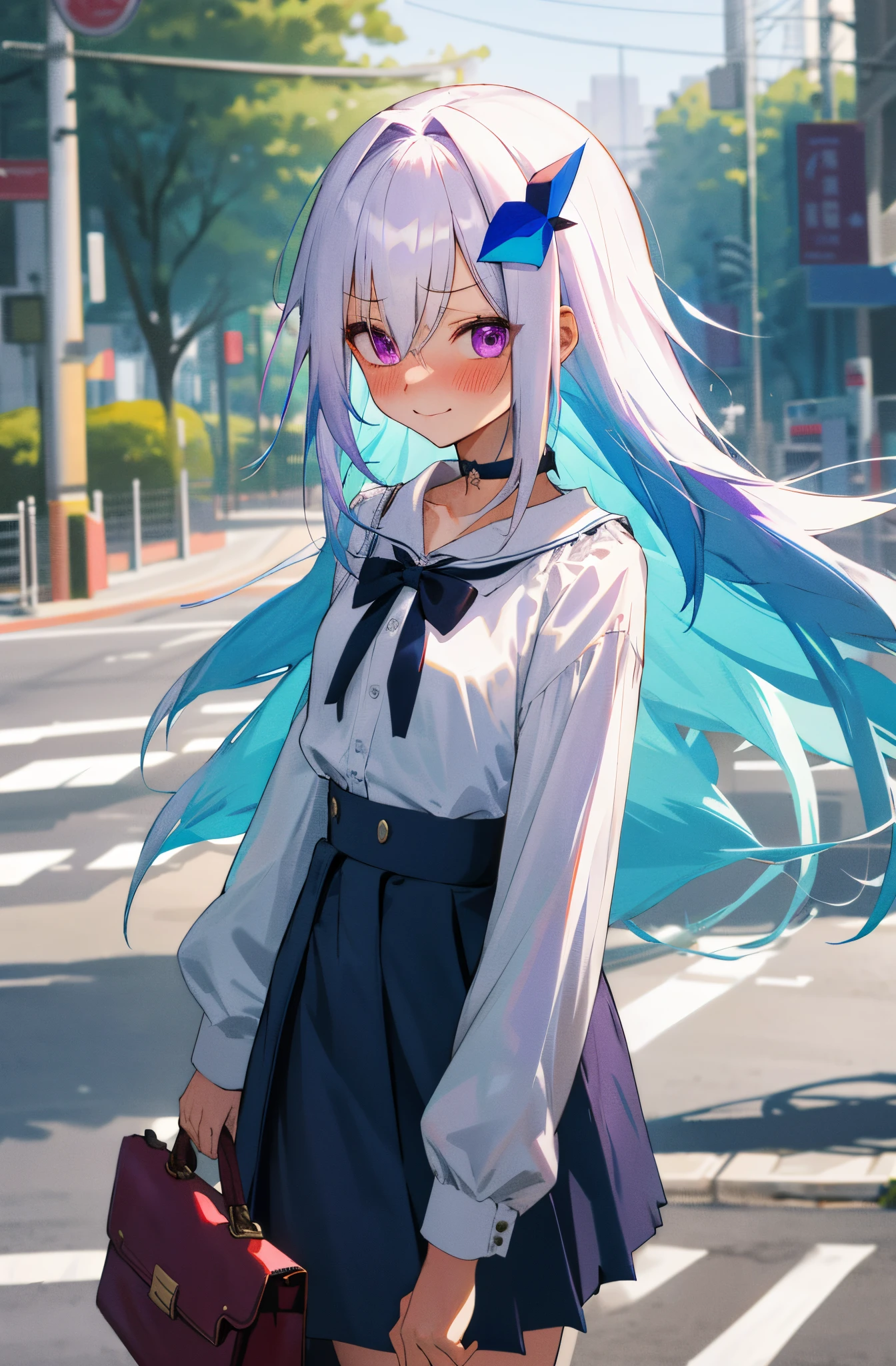 One girl with long hair, white hair, blue inner hair, purple eyes, looking at viewer, blushing, embarrassed, little smile, white shirt, high waisted skirt long, bag, outdoor, road, slim, dizzy, choker, mid-chest, wide hips, perfect waist, morning atmosphere, hair ornament, standing, upper body