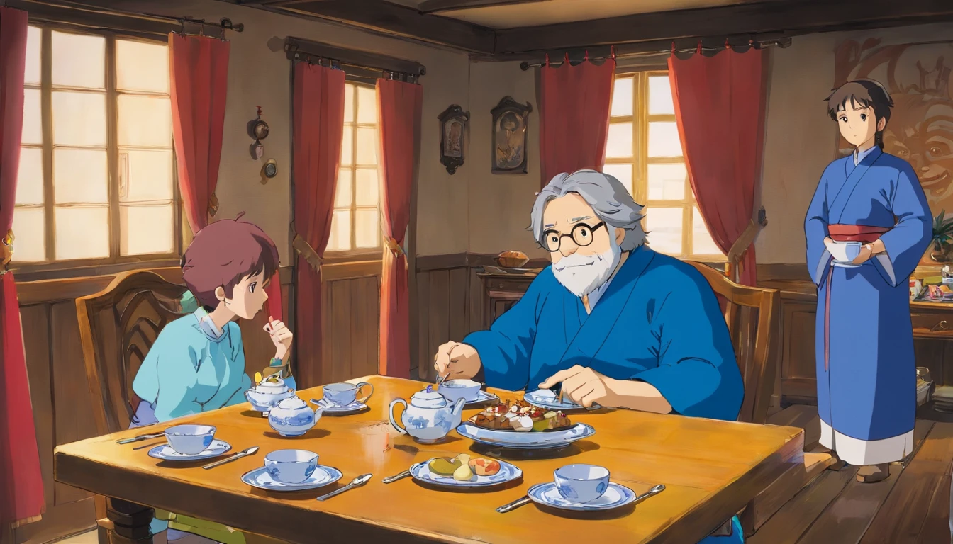dining room,drinking tea,neighbor uncle,blue clothes,sitted,Faraway view