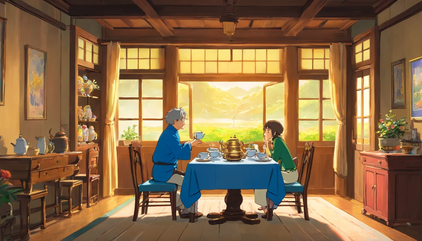 dining room，drinking tea，neighbor uncle，blue clothes，sitted，Faraway view