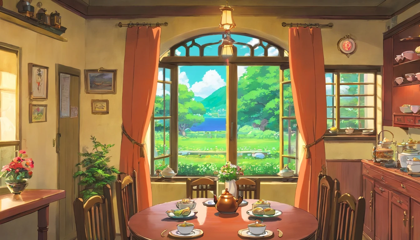 dining room，drinking tea，Neighbor aunt，sitted，Faraway view