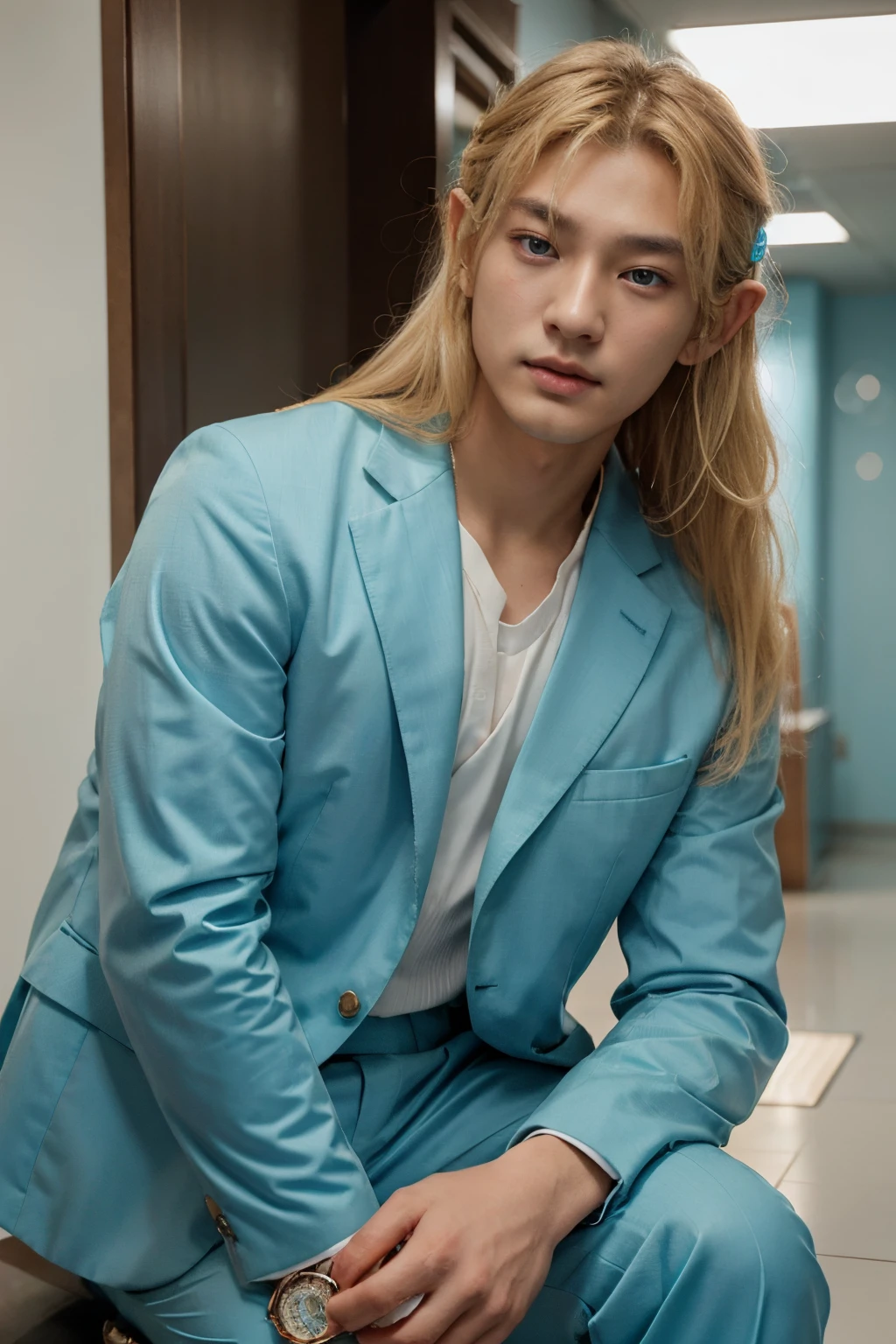 Hwang HyunJin, a sweet elf with blonde hair and light blue orbs in his little teal suit