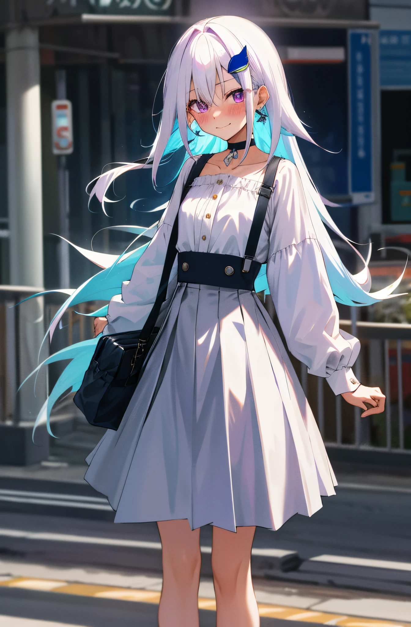 One girl with long hair, white hair, blue inner hair, purple eyes, looking at viewer, blushing, embarrassed, little smile, white shirt, high waisted skirt long, bag, outdoor, road, earring, slim, dizzy, choker, mid-chest, wide hips, perfect waist, morning atmosphere, hair ornament, standing
