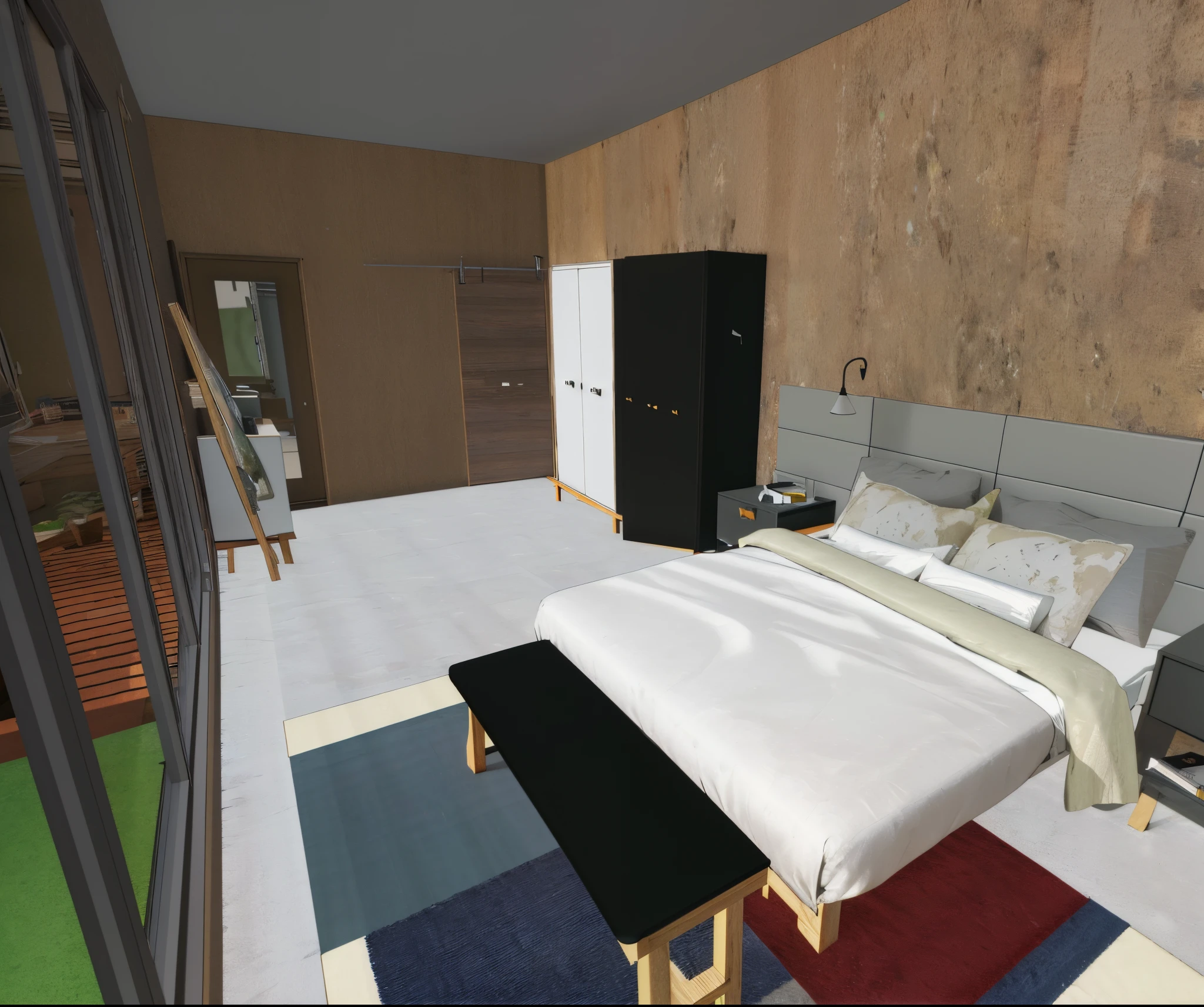 There is a bed in a room with a large window, dentro de um quarto, 3D-rendering, 3D rendering, Fotografia da sala 3D iOS, interior do quarto, renderizado no enscape, vue 3d render, enscape render, 3D-rendering!, 3D rendering!, 3 d renders, arnold rendering, Casa Conceito, Quarto escuro, Detailed rendering. ultra realistic rendering