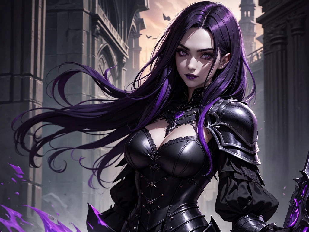 An adult vampire wizard character wearing a very detailed and beautiful gothic armor in black and purple color. Seu cabelo com corte em estilo curto, black lip color, cor roxa dos olhos;, manto, capuz, caminhando, 8k, Magnificent, Black and purple Gothic armor, capa