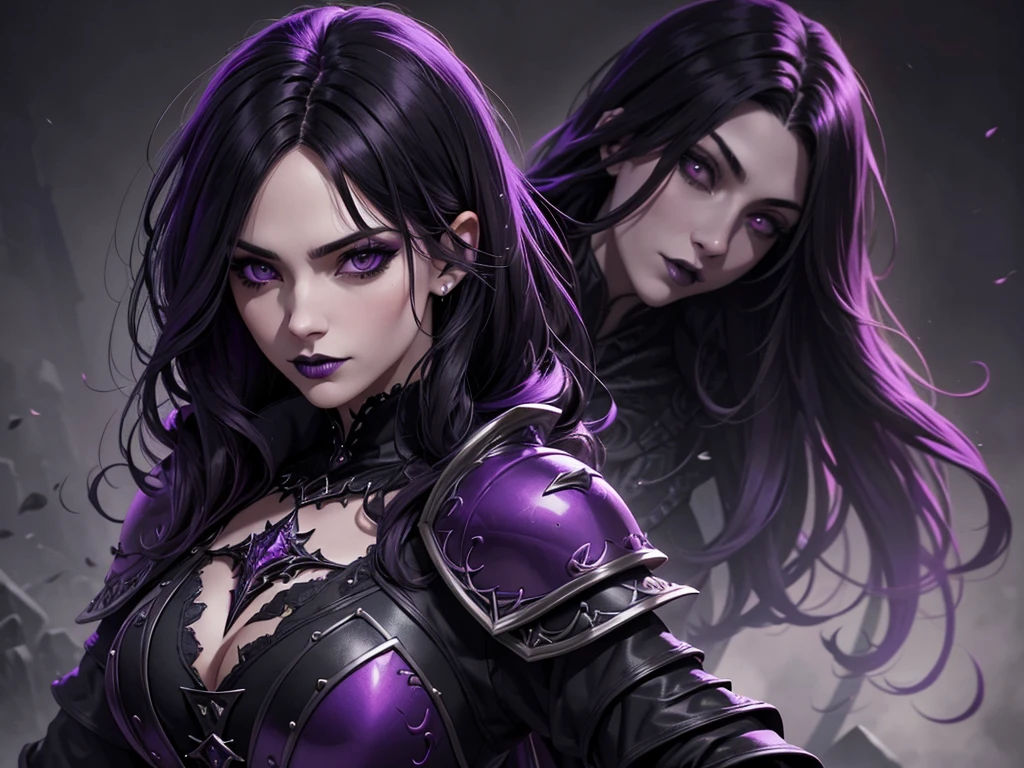 An adult vampire wizard character wearing a very detailed and beautiful gothic armor in black and purple color. Seu cabelo com corte em estilo curto, black lip color, cor roxa dos olhos;, manto, capuz, caminhando, 8k, Magnificent, Black and purple Gothic armor, capa