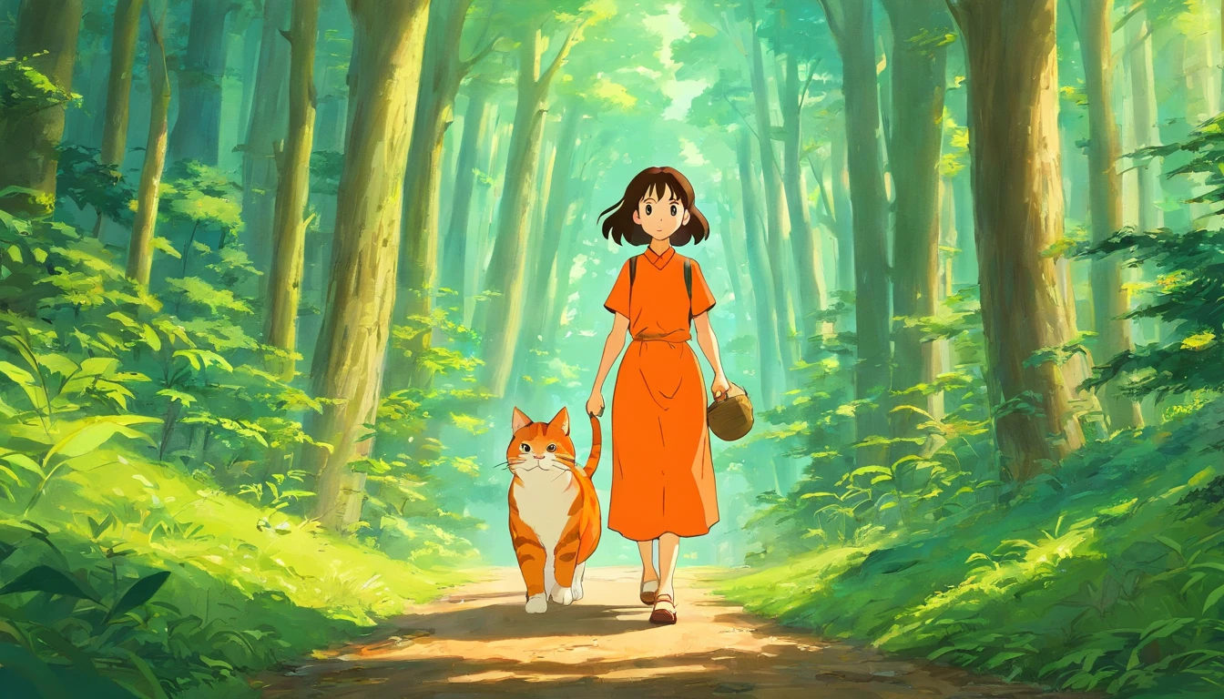 Xiaomei and her father take the orange cat for a walk in the forest