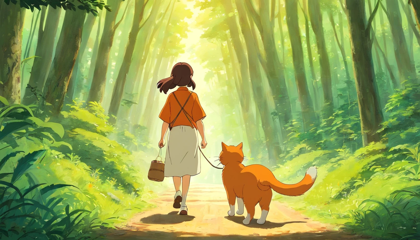 Xiaomei and her father take the orange cat for a walk in the forest