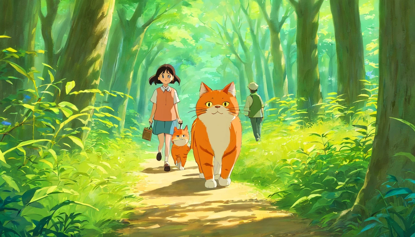 Xiaomei and her father take the orange cat for a walk in the forest
