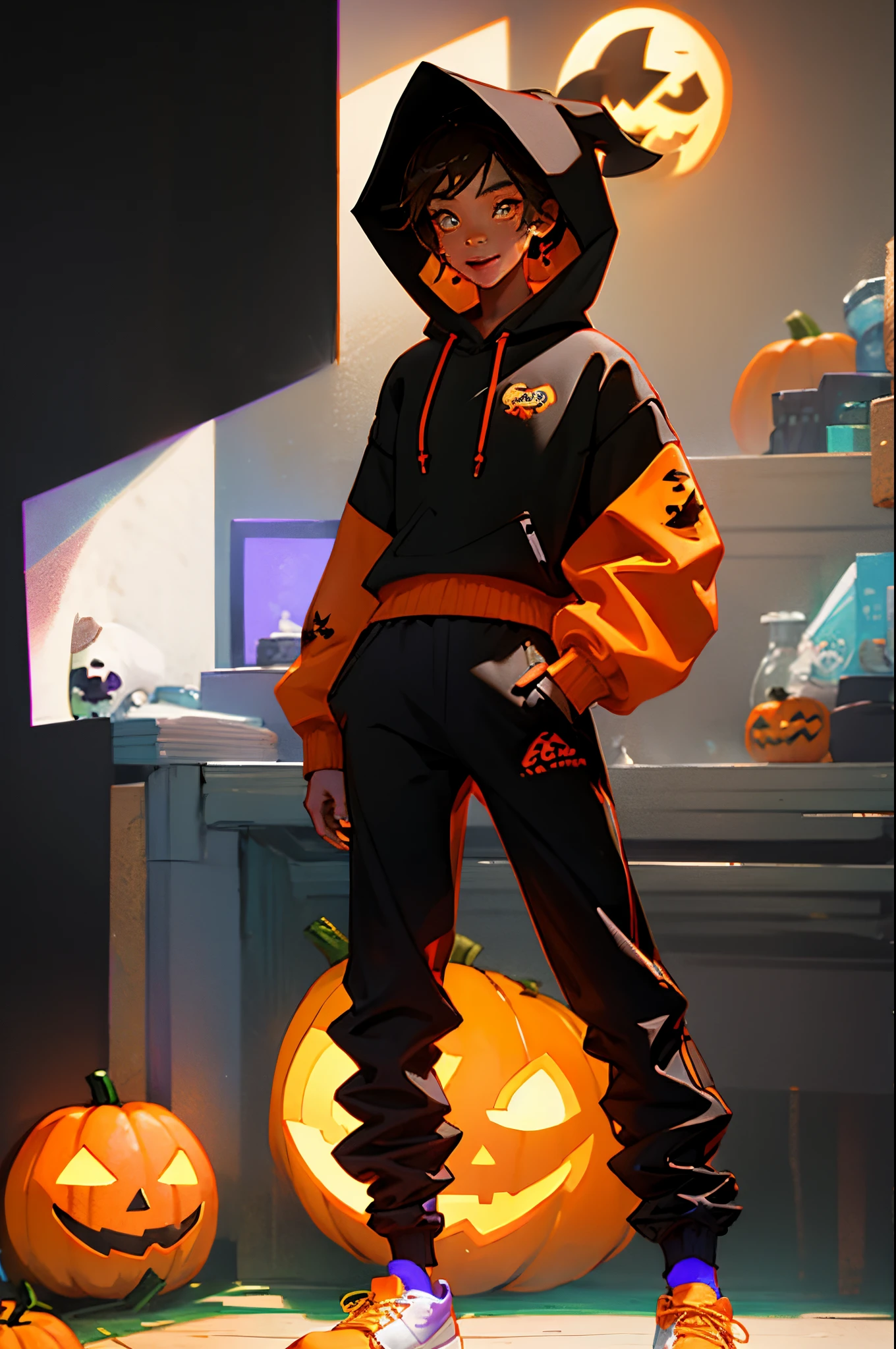 Halloween pumpkin smile lips orange colour design black hoodies with black pant white shoe white face and half orange colour pumpkin face marks boy 
This picture is gaming channel logo