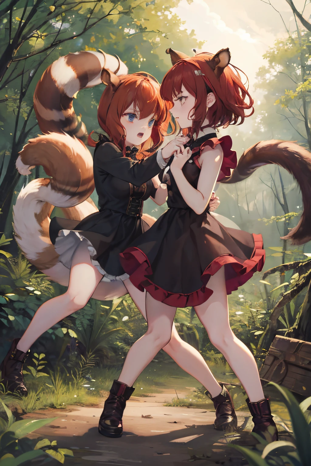 2 Squirrel Girl fighting each other, angry, forest scenario, wearing a short gothic dress, without human ears, adult