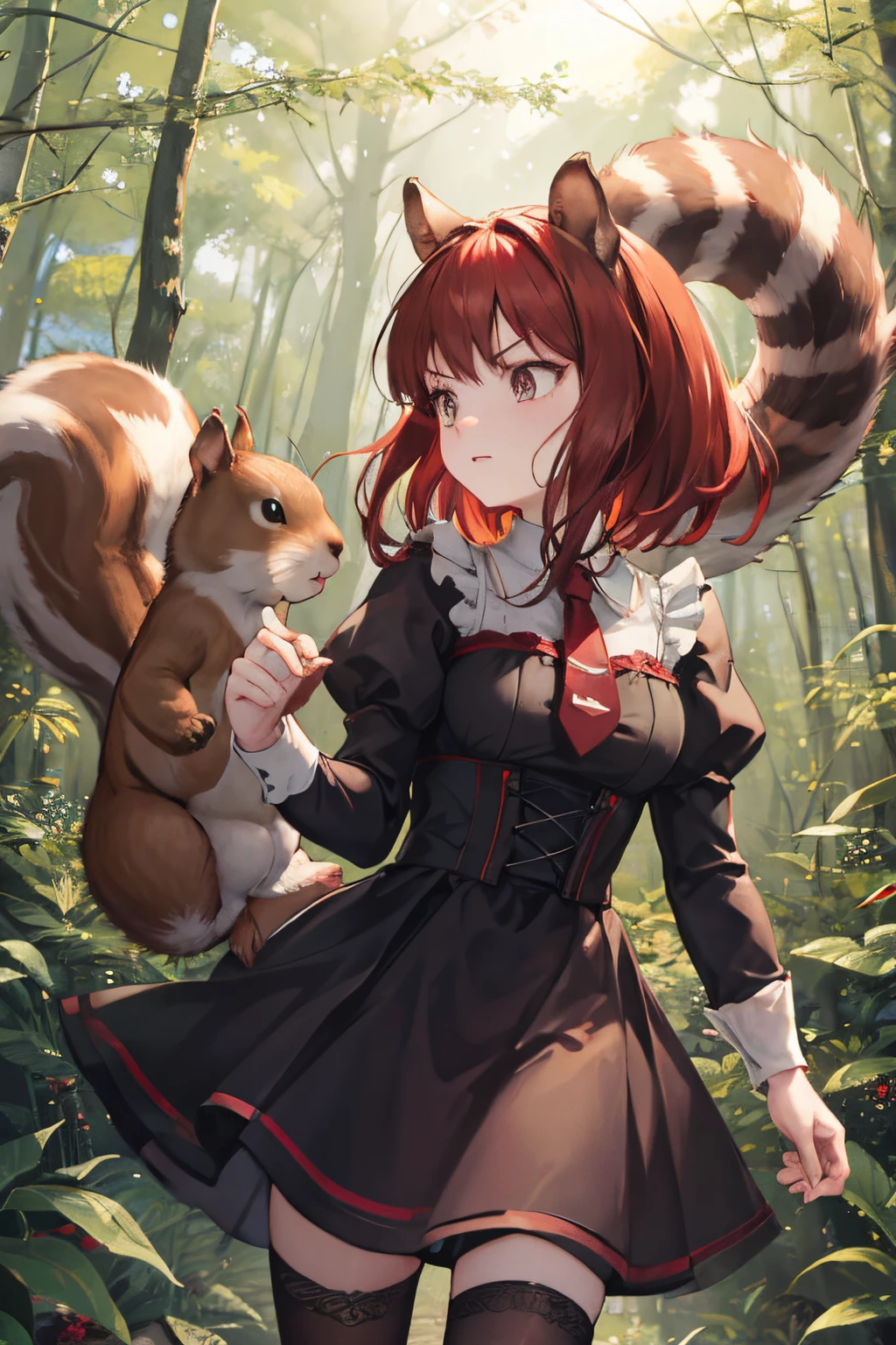 2 Squirrel Girl fighting each other, angry, forest scenario, wearing a short gothic dress, without human ears, adult