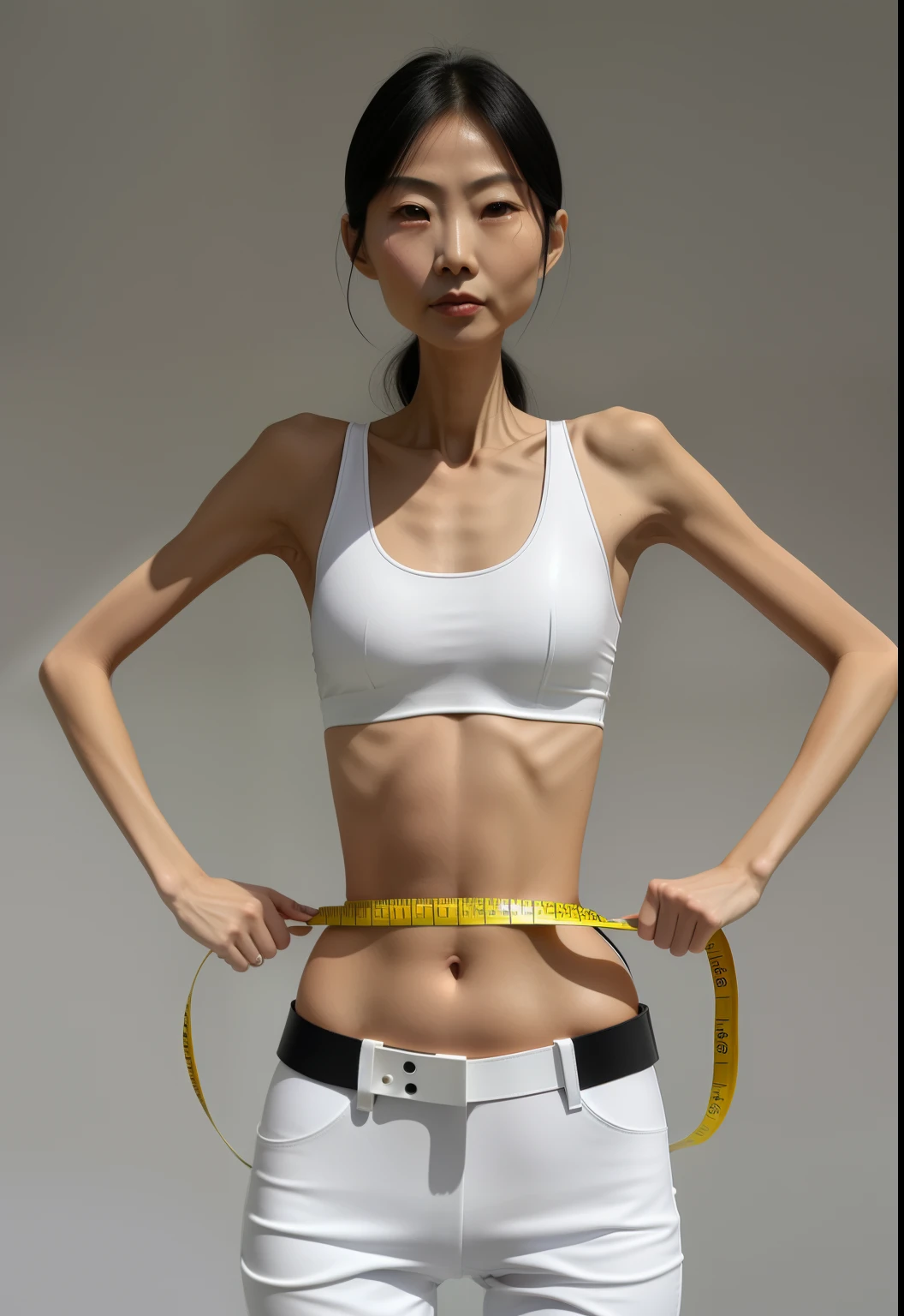 very thin woman,The body is very thin,Protruding sternum,The waist is very thin,The ribs are noticeable,Protruding ribs,The pelvic protrusion is very obvious,Pelvic width,Legs are just skin and bones,thin shoulde,The waist is very thin,Sunken abdomen,Delicate arms,arm muscle atrophy,hunger,The lower abdomen is depressed,Asia face,The waist is particularly thin,grieves,streaming tears,Full of dissatisfaction,Excessive weight loss,The face is sunken and thin,Measure waist circumference,Severe malnutrition,hunger,thin shoulde,Wear tight leather pants,wearing bodysuit