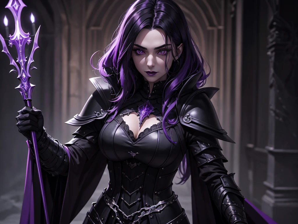 An adult vampire wizard character wearing a very detailed and beautiful gothic armor in black and purple color. Seu cabelo com corte em estilo curto, black lip color, cor roxa dos olhos;, manto, capuz, caminhando, 8k, Magnificent, Black and purple Gothic armor, capa