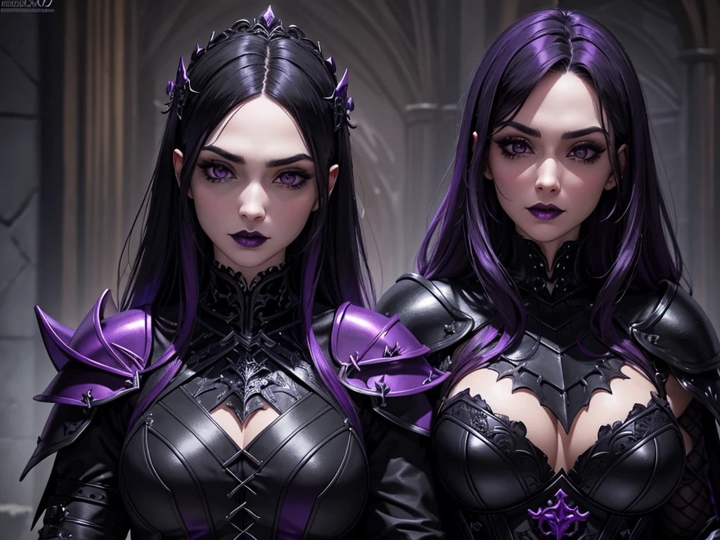 An adult vampire wizard character wearing a very detailed and beautiful gothic armor in black and purple color. Seu cabelo com corte em estilo curto, black lip color, cor roxa dos olhos;, manto, capuz, caminhando, 8k, Magnificent, Black and purple Gothic armor, capa