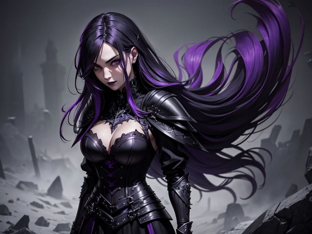 An adult vampire wizard character wearing a very detailed and beautiful gothic armor in black and purple color. Seu cabelo com corte em estilo curto, black lip color, cor roxa dos olhos;, manto, capuz, caminhando, 8k, Magnificent, Black and purple Gothic armor, capa