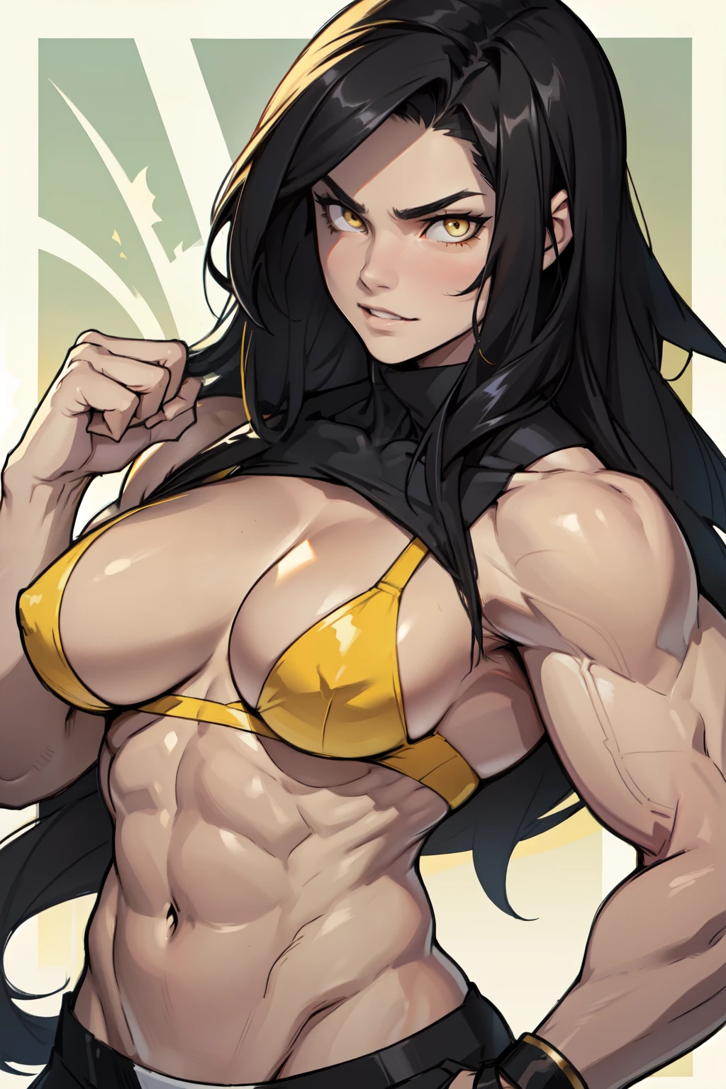 1girl pale skin black hair long hair yellow eyes breasts breasts breasts breasts breasts muscular muscular muscular muscular muscular muscular muscular muscular muscular toned body toned body toned body toned body toned body toned body toned body