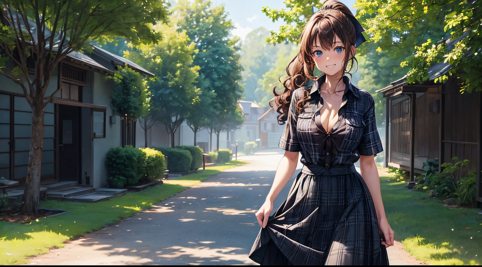 1girl, solo, full body, summer, village, trees, long hair, brown hair, curly hair, ponytail, large breasts, cleavage, button down, dark blue eyes, ((black shirt)), ((checked shirt)), ((unbuttoned shirt)), ((short sleeved shirt)), ((long skirt)), grin, looking at the viewer, standing, hair ribbon