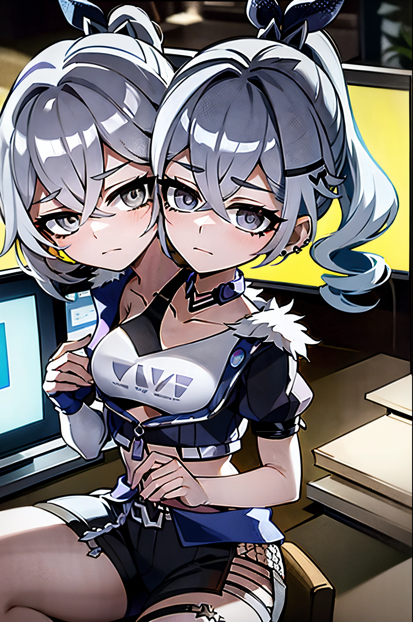 (3heads:1.5), Masterpiece, Best quality, 1girl, Extremely detailed, beautiful background, ((SilverWolf V4)), gray eyes, white hair, eyewear on head, Short sleeves, hair adornments, Earrings, Drill hair, Black shorts, Black gloves, pony tails, Perfect hands, holding video game controller, playing video game, emotionless, (staring at computer monitor:1.3), small smile, :o