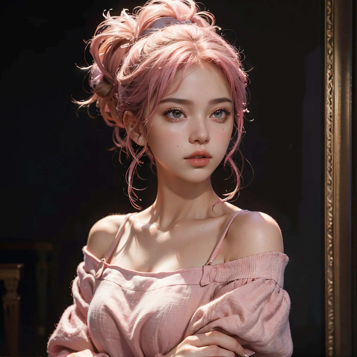 Best Quality, Masterpiece, Ultra High Resolution, (Realisticity: 1.4), Original Photo, 1girl, Pink Off-the-Shoulder, Cinematic Lighting
