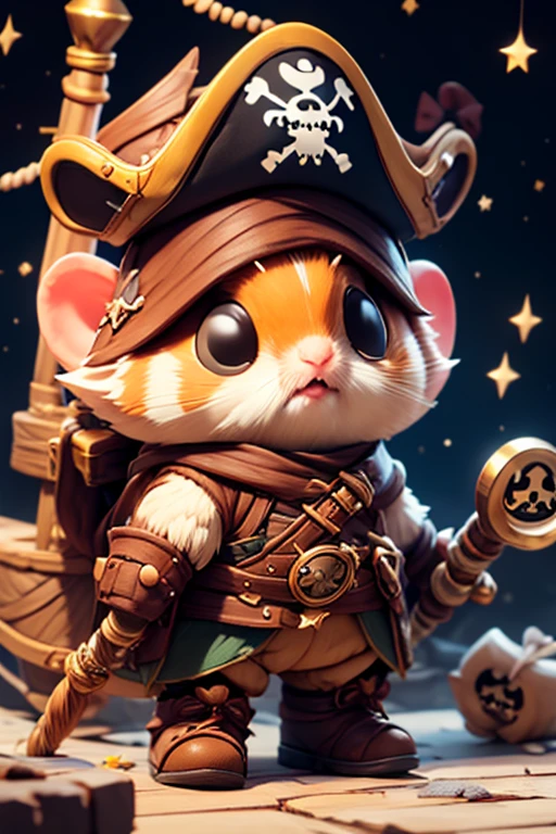 A cute hamster, rpg adventurer clothing, pirate outfit, angle from below, night sky