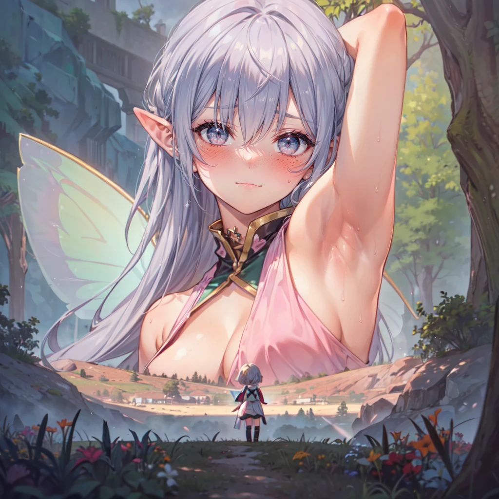 (2girls:1.8), (height_difference:1.5), (size_difference:1.2), (forest: 1.2), cliffs, hills, (giantess:1.3), small breasts, smug, cleavage, bangs, hair covering eyes, :3, >:D, (presenting armpit), armpit, sweaty, misty,  (multiple_girls:1.5), (fairy:1.1), wings, (1girl:1.5), (rear end:1.4), hills, cliffs, (minigirl:1.4), (minigirl on a hill: 1.2), (wizard:1.2),