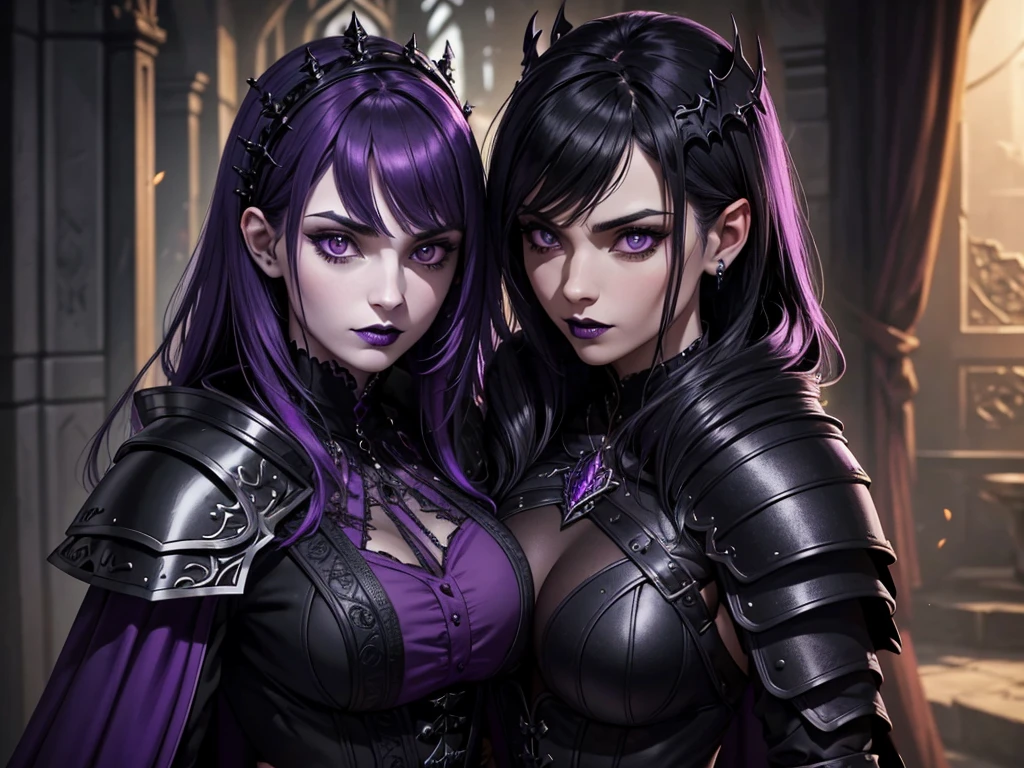 An adult vampire wizard character wearing a very detailed and beautiful gothic armor in black and purple color. Seu cabelo com corte em estilo curto, black lip color, cor roxa dos olhos;, manto, capuz, caminhando, 8k, Magnificent, Black and purple Gothic armor, capa