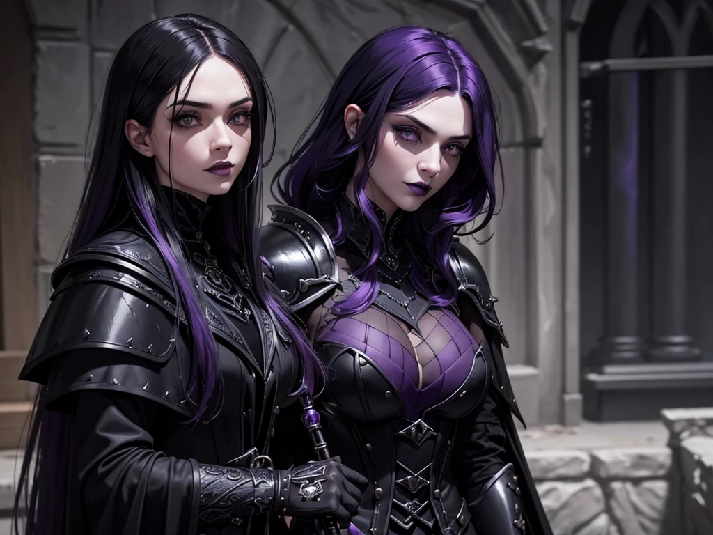 An adult vampire wizard character wearing a very detailed and beautiful gothic armor in black and purple color. Seu cabelo com corte em estilo curto, black lip color, cor roxa dos olhos;, manto, capuz, caminhando, 8k, Magnificent, Black and purple Gothic armor, capa