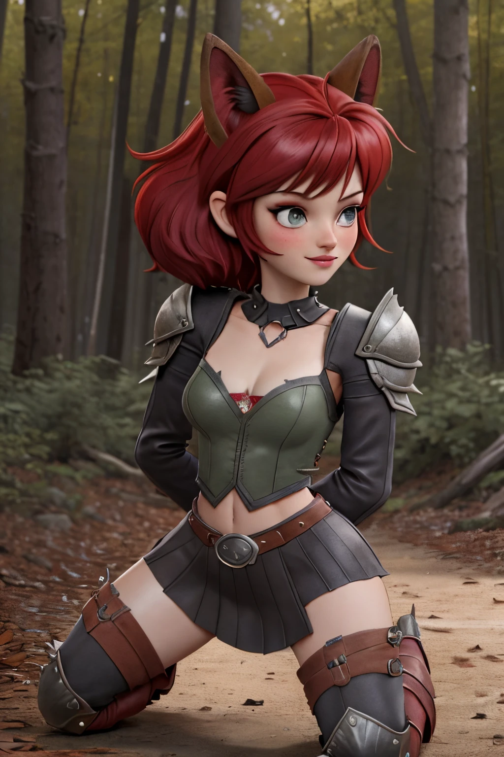 Beautiful 1girl in, fullbody, ager, Solo, spiky red hair, disheveled spiky red hair, spiky red hair, light gray eyes, some small freckles, pale skin, medium breasts, cleavage, runners body, (thin hips, thin waist: 1.25), (arched back:1.12), detailed skin, neutral face, mischievous smile, revealing clothes, (wearing cropped open leather jacket, shoulder armor, cloth bralette undershirt green, leather skirt, bracers, thigh high armored boots: 1.1), (groping chest: 1.23), touching herself, (kneeling: 1.22), (dark dark red fox ears:1.25), (detailed magical forest background:1.1), creek, overlooking opening in forest, 4k textures, soft light, elegant, highly detailed, sharp focus, soothing tones, insane details, intricate details, hyperdetailed, low contrast, exposure blend, hdr, faded