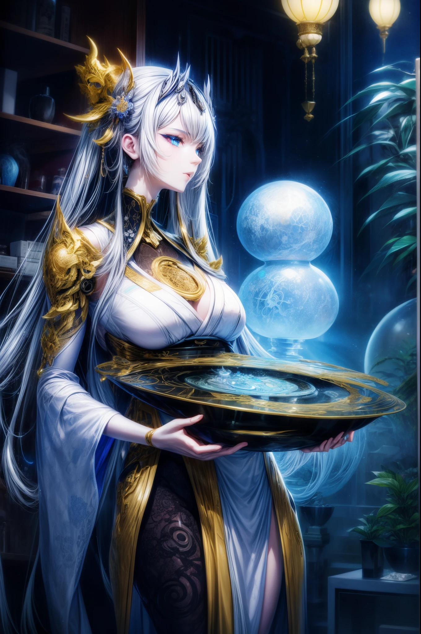 Photos of Japanese female robots in their 20s，Made of white and silver clear glass and plastic, geisha makeup, Black hairstyle, Silver and gold metallic interior, dynamicposes, flowing organic structure, Meticulous carving, Lace design, Glowing gold circuit, Colorful neon lights decoration, Meticulous carving, Lace design, glowing circuitry, neon trim, H&#39;artistically.r. Giger, Greg Rutowski