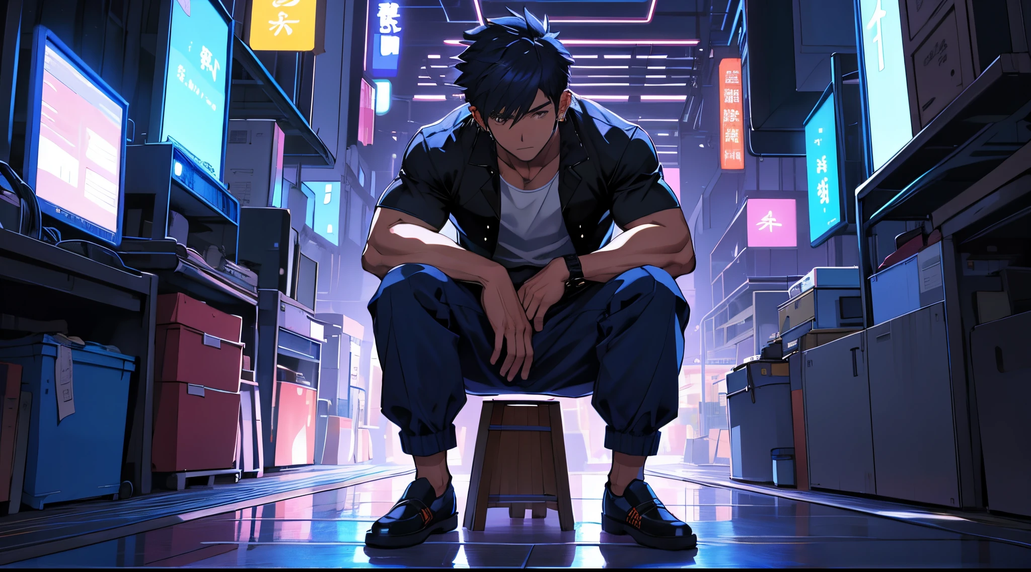best qualtiy, tmasterpiece, 超高分辨率, detailedbackground, photorealestic, illustratio, Single, 1 boy, Shota, espadrilles, musculature, Volumetriclighting, depth of fields, shorter pants, Sit Pose, whaite hair, single earring,Cyber City,nighttime scene