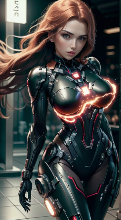1girl, corpo inteiro, Natasha Romanoff Black Widow style (Da Marvel Studios) garota cyber, arm prosthesis, leg prosthesis, Technological clothing, fantasia, medium breasts, sorrir, randome pose, Pose bonita, (master part, best quality, Textura detalhada da pele, textura de pano detalhada, Rosto bonito e detalhado, detalhes intrincados, ultra detalhado), cabelos ruivos curtos, dynamic pose, (best quality, A high resolution, fotorrealista, primitivo, 8k,master part, ),best quality, masterpiec8k.HDR. Costelas altas:1.2, filmgrain, Desfoque Bokeh:1.2, Reflexo da lente, (Cores vivas:1.2), (delicado),
