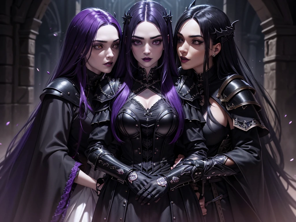 An adult vampire wizard character wearing a very detailed and beautiful gothic armor in black and purple color. Seu cabelo com corte em estilo curto, black lip color, cor roxa dos olhos;, manto, capuz, caminhando, 8k, Magnificent, Black and purple Gothic armor, capa, cabelo curto