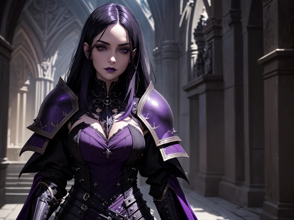 An adult vampire wizard character wearing a very detailed and beautiful gothic armor in black and purple color. Seu cabelo com corte em estilo curto, black lip color, cor roxa dos olhos;, manto, capuz, caminhando, 8k, Magnificent, Black and purple Gothic armor, capa