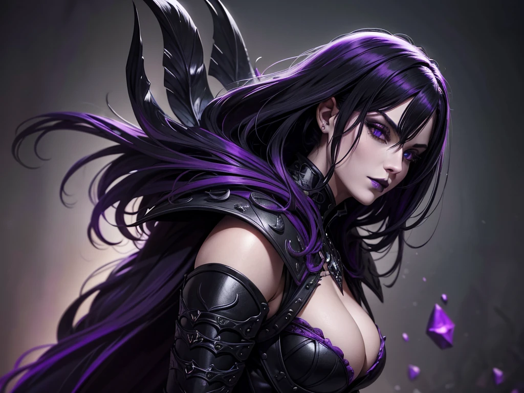 An adult vampire wizard character wearing a very detailed and beautiful gothic armor in black and purple color. Seu cabelo com corte em estilo curto, black lip color, cor roxa dos olhos;, manto, capuz, caminhando, 8k, Magnificent, Black and purple Gothic armor, capa