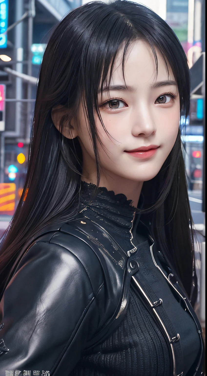 masterpiece, 1 beautiful girls, detaileds, Swollen eyes, top-quality, 超A high resolution, (现实: 1.4), OriginalPhotographs, 1Girl, 电影灯光, a smile, japanes, Asian beauty, Korean, Proper, very extremely beautiful, Slightly younger face, Beautiful skins, slender, cyberpunk backgrouns, (A hyper-realistic), (illustratio), (hight resolution), (8K), (ighly detailed), (The best illustrations), (beautifully detailed eyes), (ultra-detailliert), (wall-paper), (详细的脸), looking at the viewers, fine detailed, A detailed face、deep-shadows、Unobtrusive、pureerosfaceace_v1、evil smile、46-point diagonal bangs、Facing straight ahead、Neat Clothing、Black colored eyes、