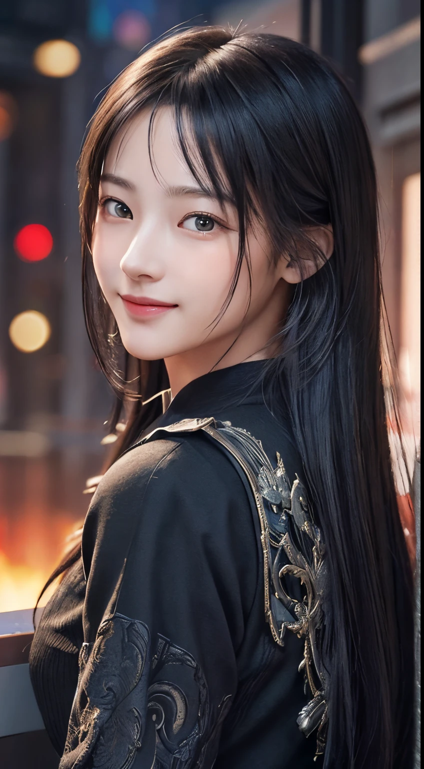 masterpiece, 1 beautiful girls, detaileds, Swollen eyes, top-quality, 超A high resolution, (现实: 1.4), OriginalPhotographs, 1Girl, 电影灯光, a smile, japanes, Asian beauty, Korean, Proper, very extremely beautiful, Slightly younger face, Beautiful skins, slender, cyberpunk backgrouns, (A hyper-realistic), (illustratio), (hight resolution), (8K), (ighly detailed), (The best illustrations), (beautifully detailed eyes), (ultra-detailliert), (wall-paper), (详细的脸), looking at the viewers, fine detailed, A detailed face、deep-shadows、Unobtrusive、pureerosfaceace_v1、evil smile、46-point diagonal bangs、Facing straight ahead、Neat Clothing、Black colored eyes、