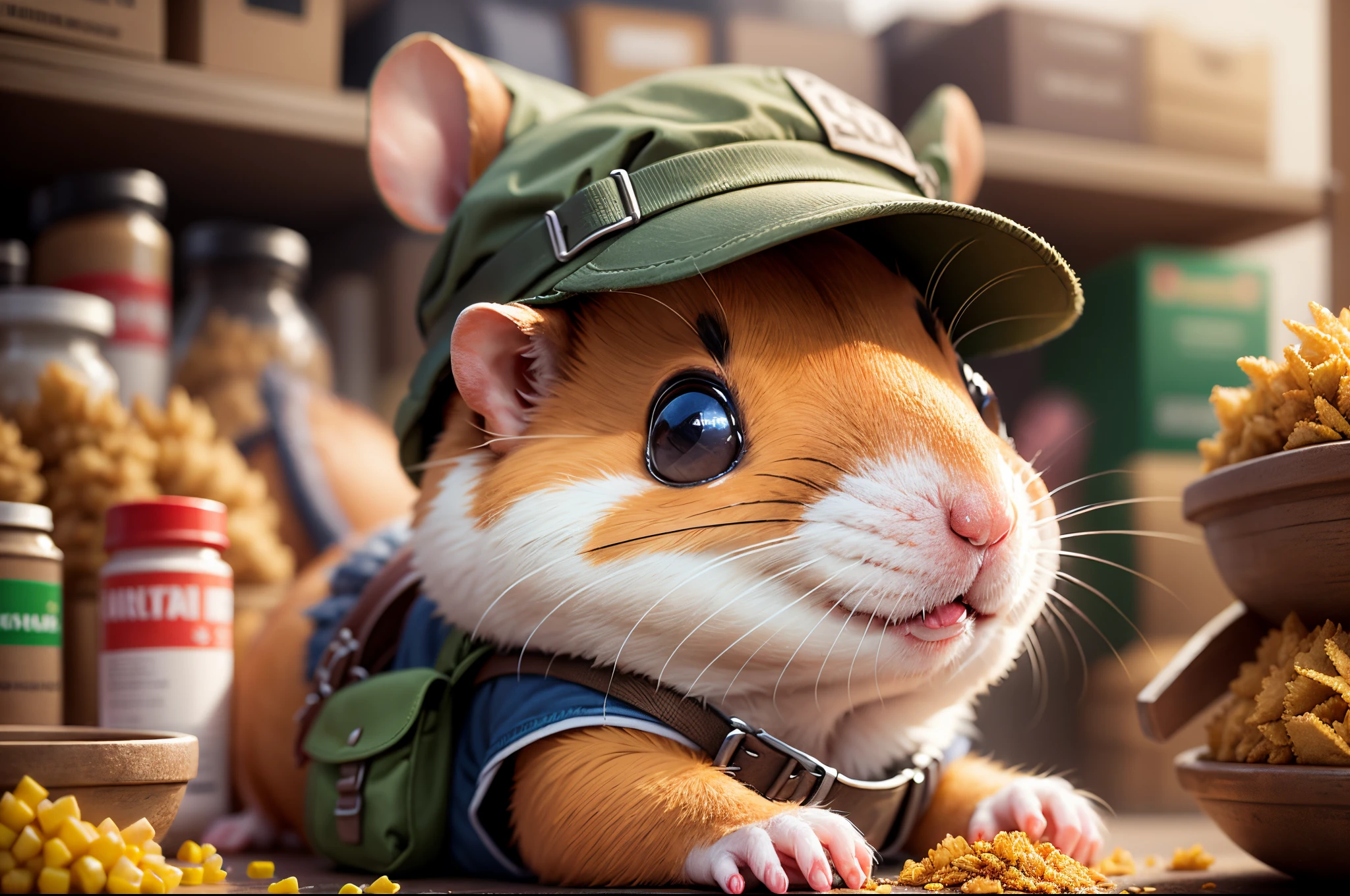 Q version,Chunky Hamster Adventurer,Cute and cute,adventurer clothing,adventurer hat,backpacks,(Low angle viewing angle:1.4),Huge warehouse,Rich in ingredients,potatoes,corn flake,soybean,appearance,pine nut,peanuts,walnuts,high saturated,hight contrast,Vibrant colors,hyper realisitc,ultra real photo,ultra - detailed,ultraclear,hyper-detailing,tmasterpiece