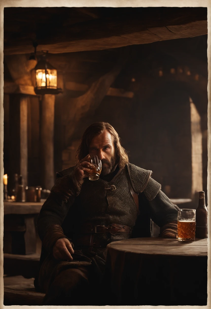 A photo of The Hound sitting at a tavern, drinking from a tankard of ale,Game of Thrones,The Hound from Game of Thrones, male