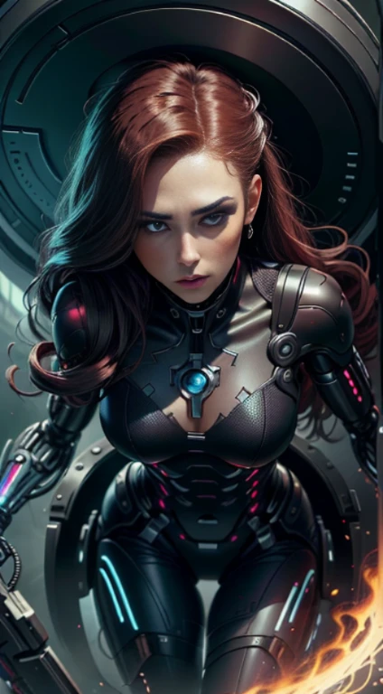 black widow sexy (Mamalhuda) от Marvel Comics, fantasy scenery, expondo os peitos, rosto detalhado, olhos detalhado, nariz detalhado, boca detalhado, cabelo bem vermelho, conceito de personagem, arte do personagem, retrato do personagem, tmasterpiece, melhor qualidade, best resolution, 8k, Cybernetic girl, prosthesis on the right arm the other normal arm, waist-down prosthesis.